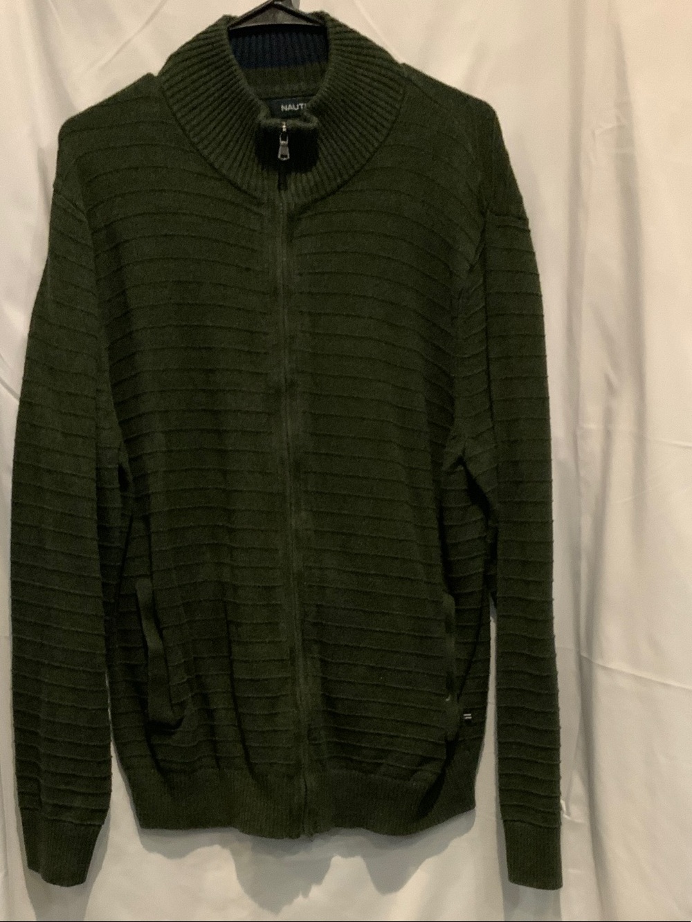Nautica Men’s Dark Olive Green Full-Zip Ribbed Sweater